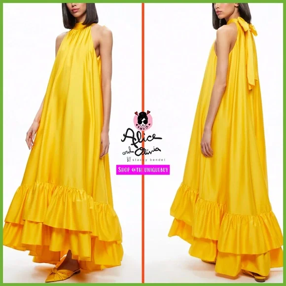 Alice Olivia Jovie Halter Neck Yellow Ruffle Maxi Dress